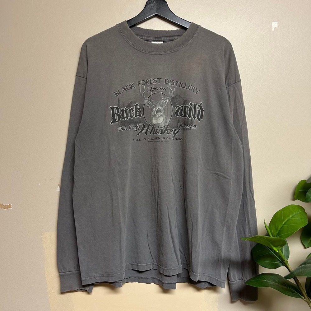 Vintage 2000s Buck Wild Whiskey Nature Beer Faded Grey Long Sleeve Shirt Mens XL